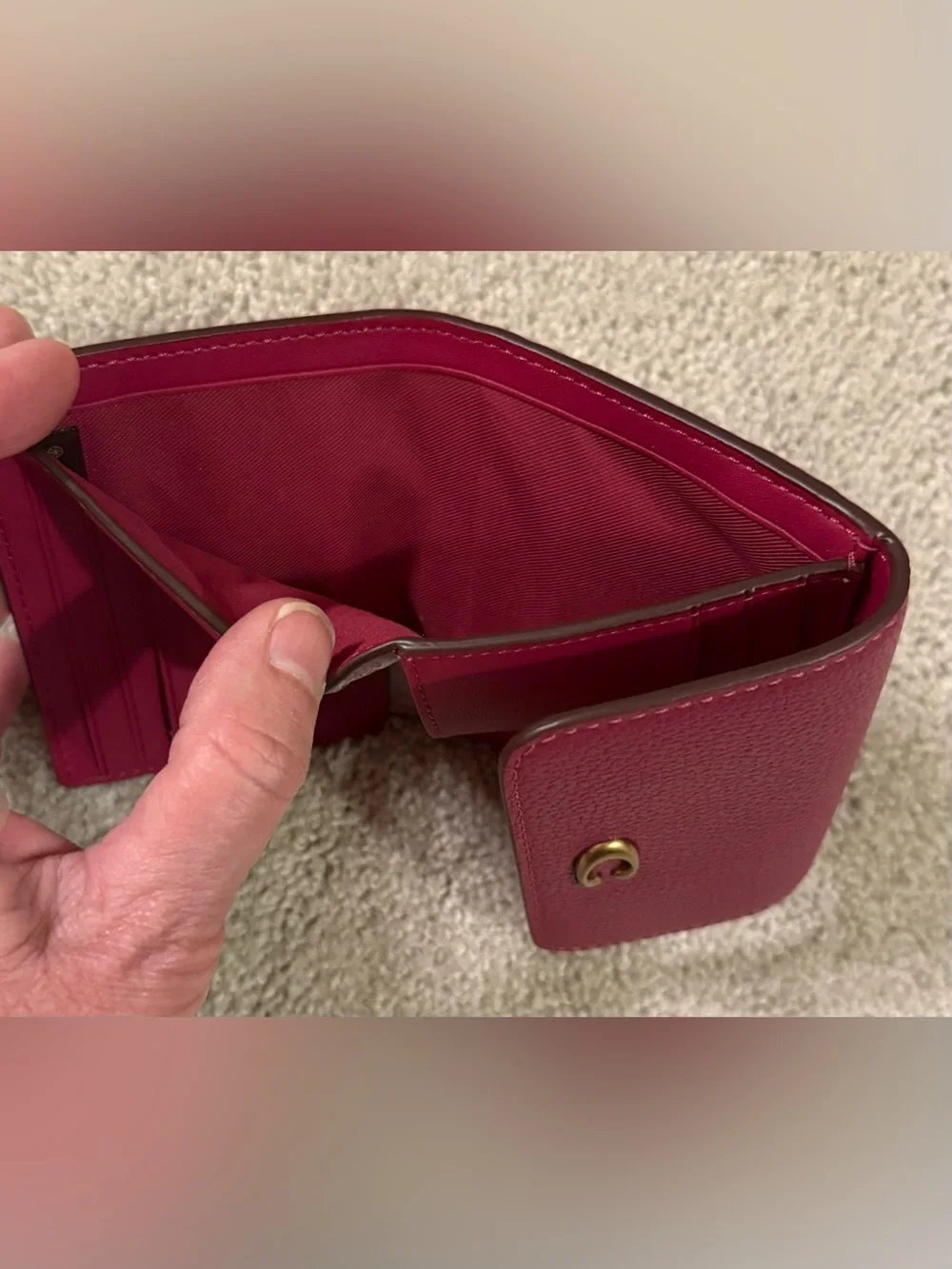 Coach Pebbled Dark Fuchsia Leather Mila Small Flap Wallet with Gold C Accent